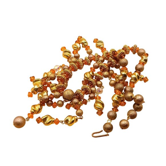 Vintage Golden Twist and Orange Beaded Bib Statement Necklace with Tiered Dangle - Picture 2 of 3